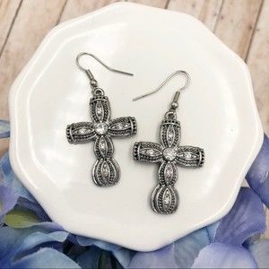 🌼 Silver Rhinestone Silver Christian Cross Dangle Earrings